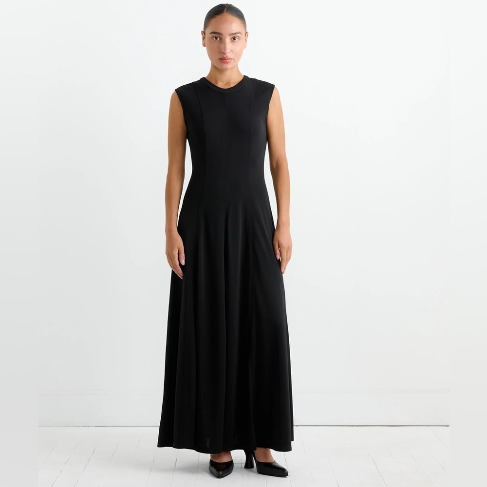 NOMIA NYC Designer Sz 12 Seamed Flared Maxi Dress in Black new without tag - Picture 1 of 16